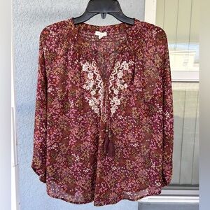 Mason & Belle Slightly Sheer Embroidered Beaded Tassel Boho Prairie Top L